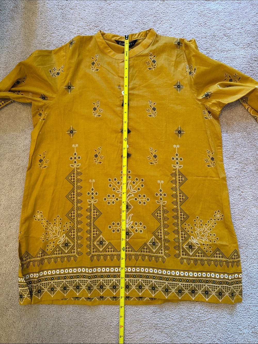 Lightweight Summer Mustard Yellow Kurta w/Tassel & Mirror Accent / Tunic / Lawn - Picture 7 of 10